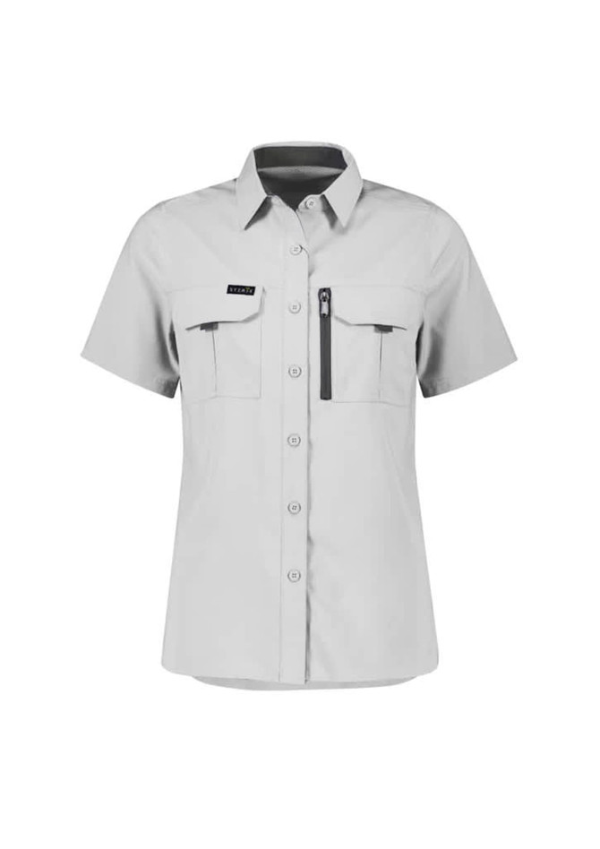 A light grey short-sleeve women's outdoor shirt featuring two front pockets and a zippered pocket, with a logo.
