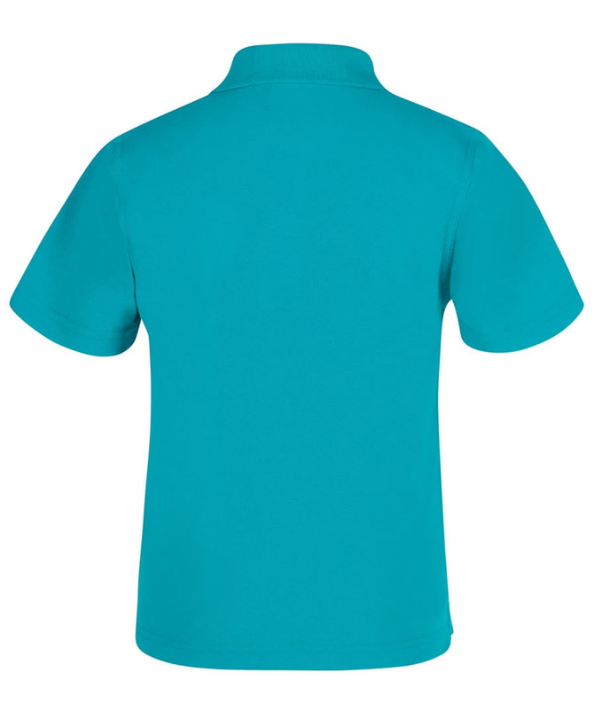 A turquoise polo shirt with short sleeves and a collar, featuring a logo on the front.
