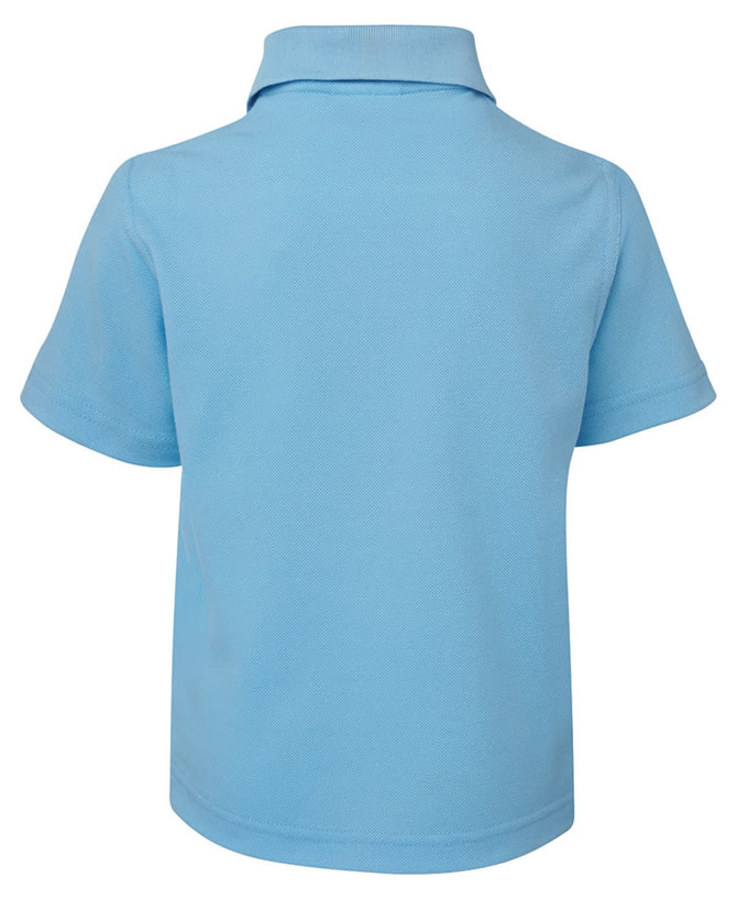 A light blue short-sleeved polo shirt with a collar and a logo. The back view is displayed.