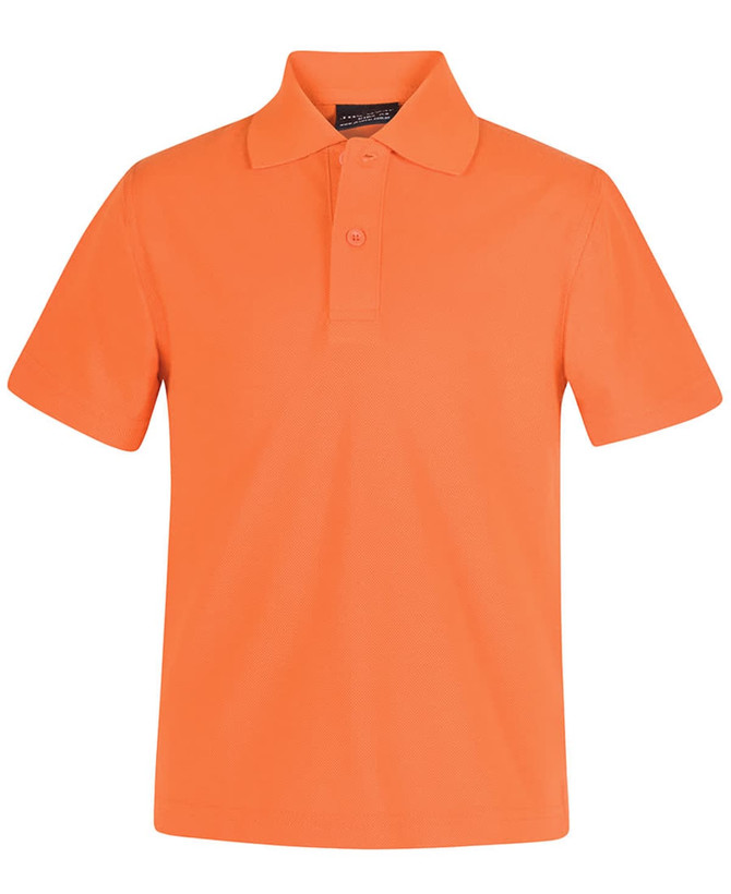 An orange short-sleeved polo shirt with a collared neckline and a logo.