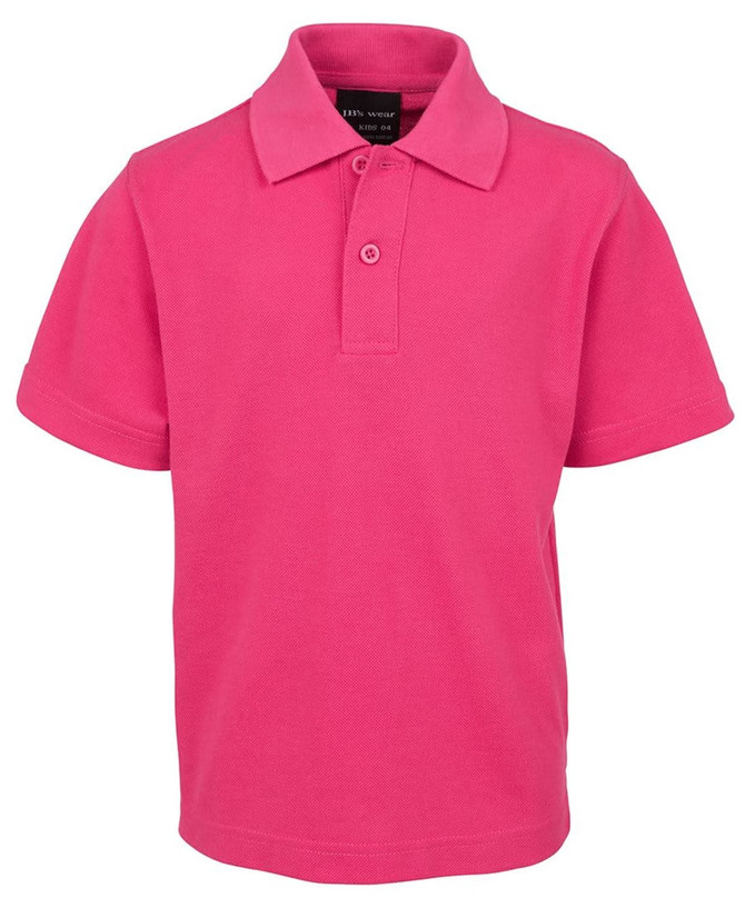 A pink polo shirt featuring a collar and short sleeves, with a logo on the chest.