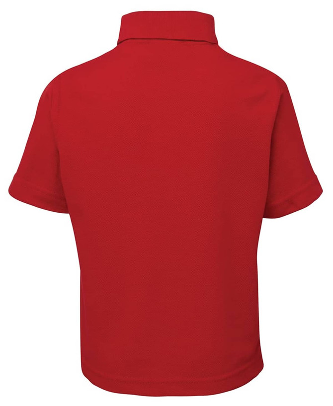 A red polo shirt with a flat collar and short sleeves, featuring a logo on the back.