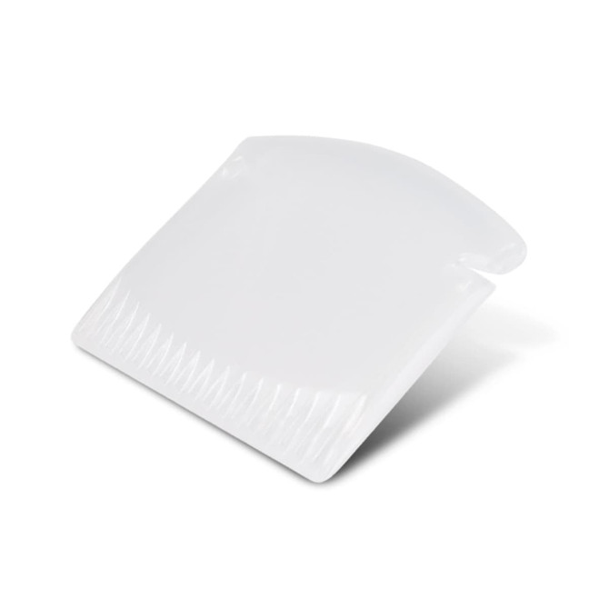 A compact ice scraper with a flat, smooth edge and serrated side, designed for clearing ice.