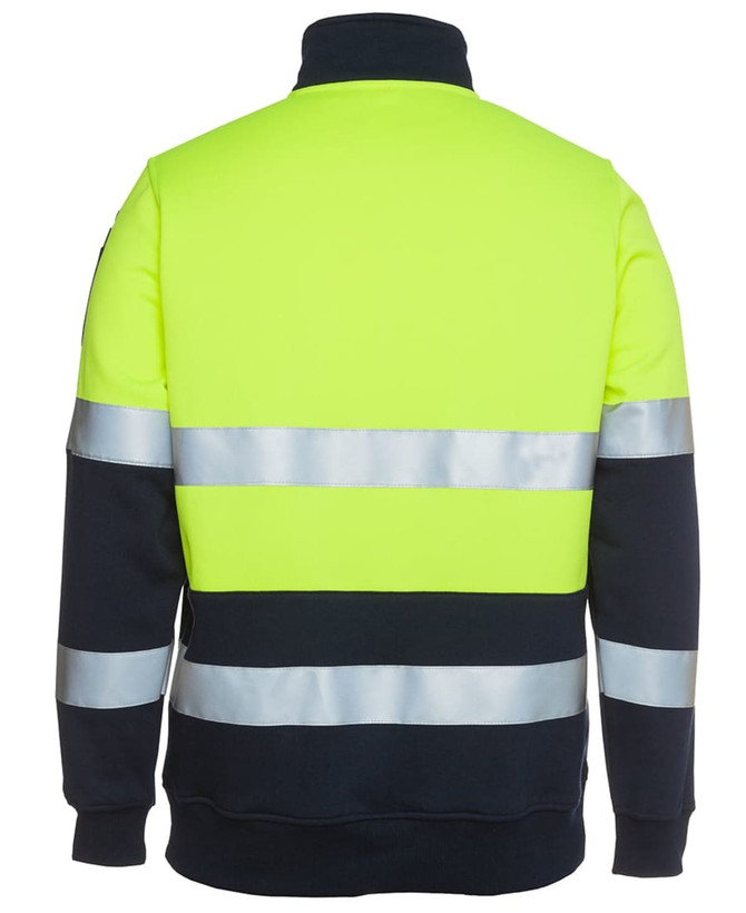 A high-visibility fleece jumper in bright yellow and navy, featuring reflective stripes. It has a branding logo.