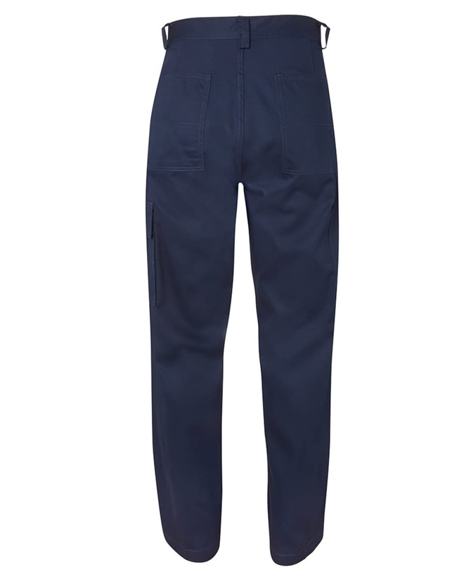 Navy cargo pants featuring multiple pockets and a logo, shown from the back.