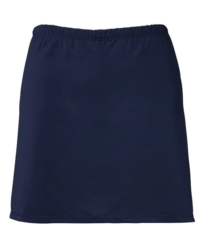 A navy skort with an elastic waistband and a simple design, featuring a logo.