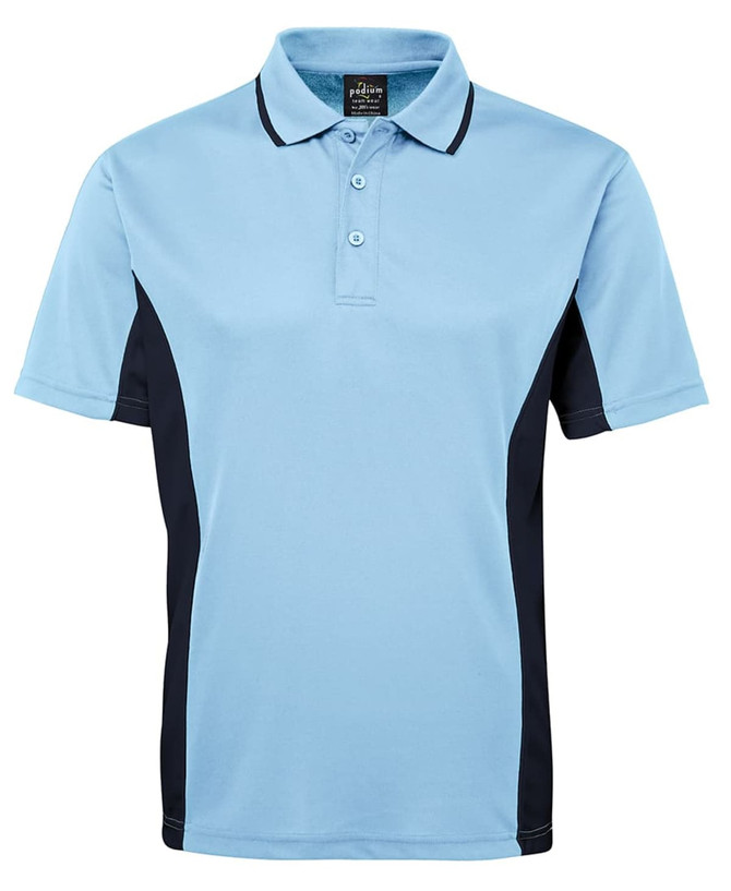 A light blue polo shirt with navy side panels and a logo on the chest. Short sleeves and a classic collar design.