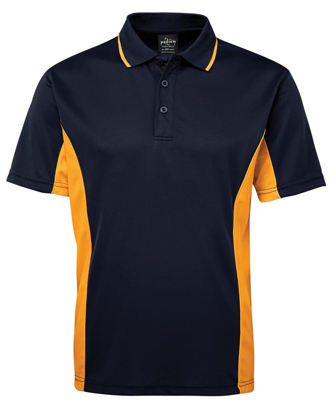 A navy and yellow polo shirt featuring a collar and button placket, with a logo on the chest.