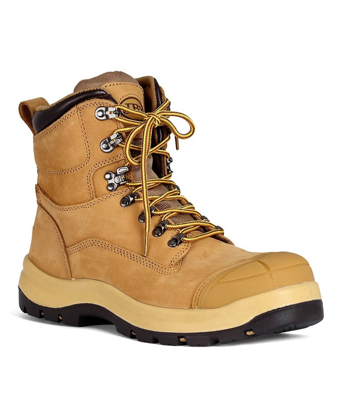 A pair of tan safety boots featuring lace-up design, a reinforced toe, and a logo on the side.