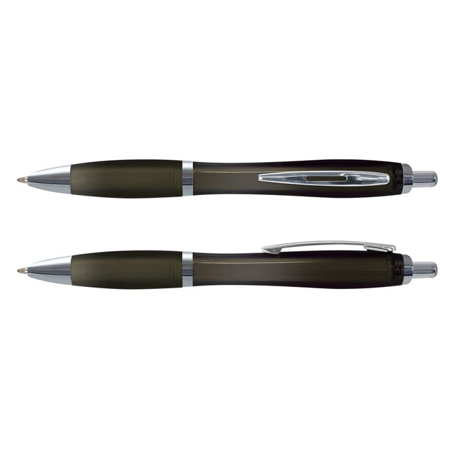 A translucent black plastic pen with chrome accents, featuring a sleek design and a clip.