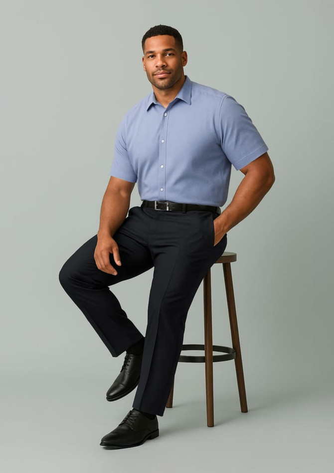 A man sits on a stool, wearing a light blue short-sleeve shirt and navy straight leg pants. The outfit is complemented by black shoes.