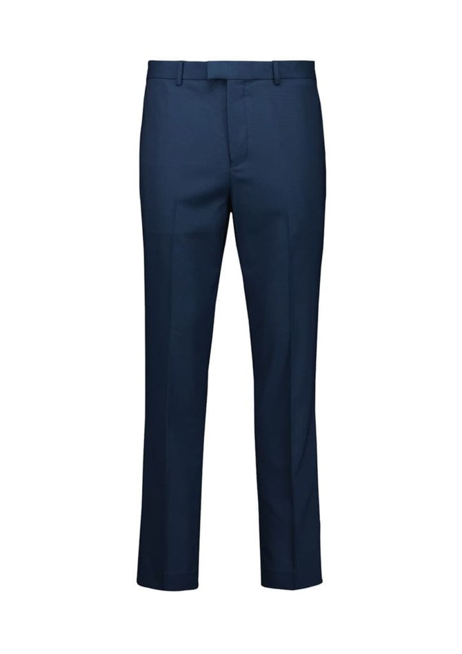 A pair of men's slim fit flat front pants in navy blue, featuring a branding logo.