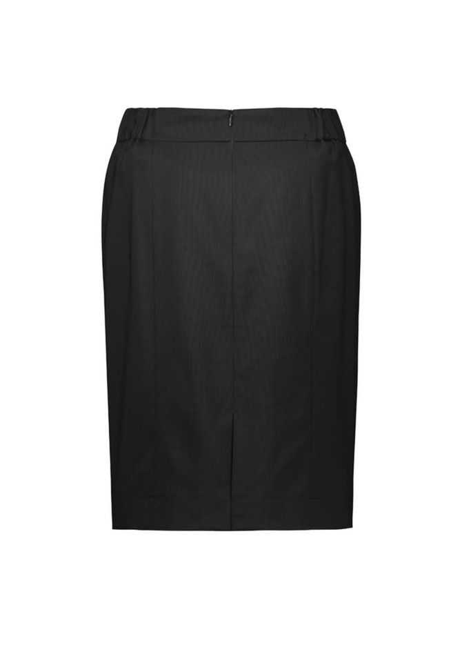 A black functional pencil skirt with a waistband and a back zip, featuring a tailored design.