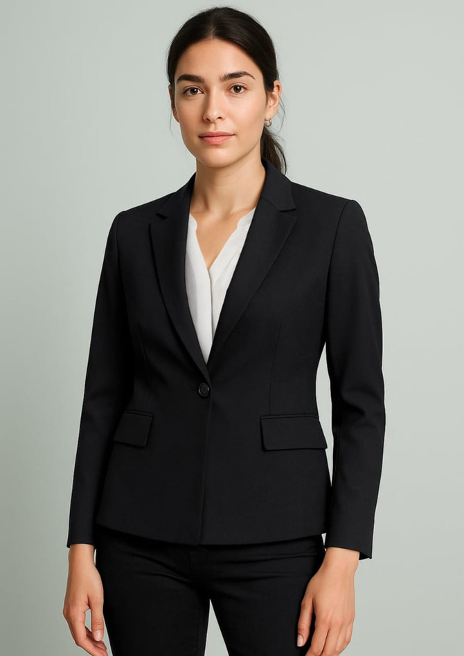A women's mid-length black blazer with a single button, featuring two front pockets and a sleek design.