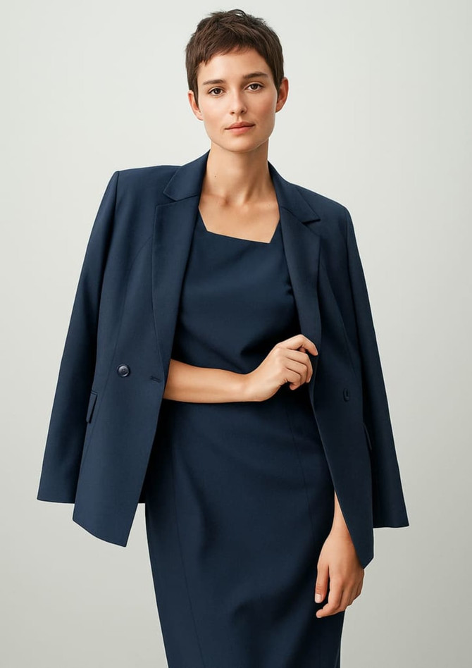 A navy double-breasted longline jacket with a fitted dress underneath, featuring a logo on the jacket.