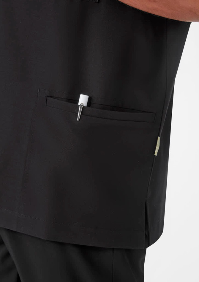 A black men's jacket featuring a pocket with a pen. The fabric appears smooth and lightweight.