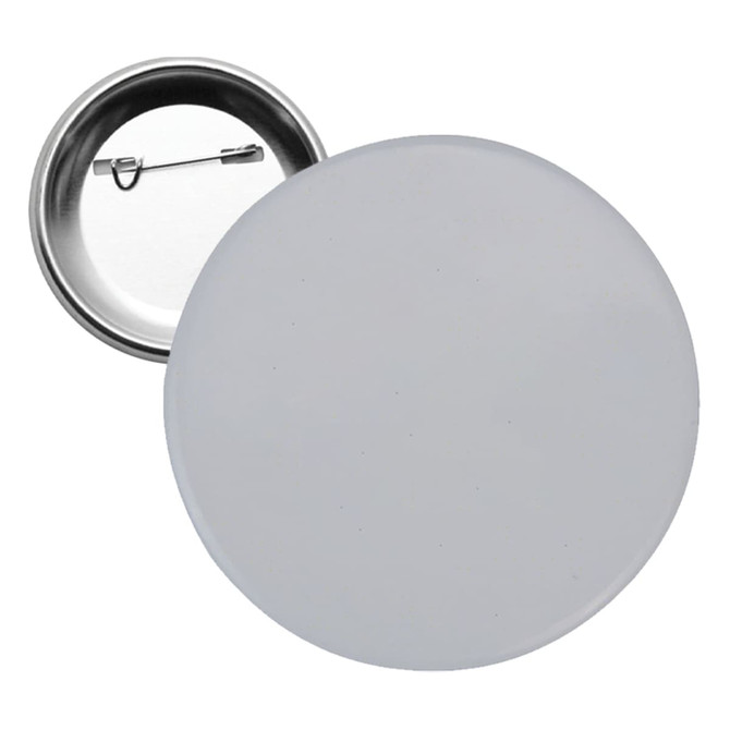 A round 44mm button badge in white with a silver backing and a clasp for pinning.
