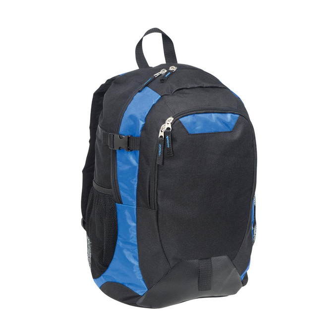 A black and blue laptop backpack featuring multiple compartments, mesh side pockets, and a logo.