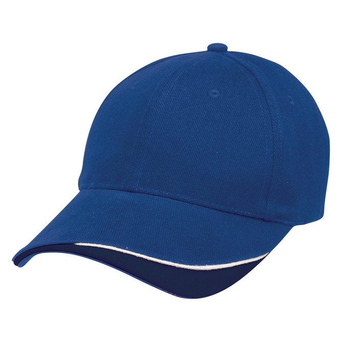 A blue cap with a curved brim and contrasting trim, featuring a logo on the front.