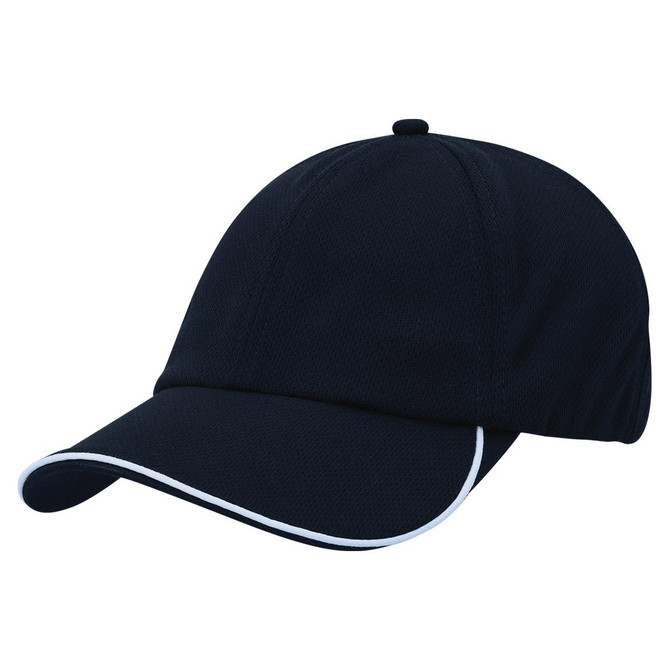 A black cap featuring white piping along the peak and a branded logo on the front.