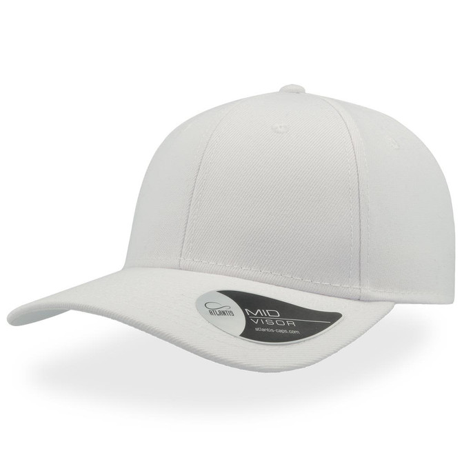 A white cap with a mid visor and a logo on the side.
