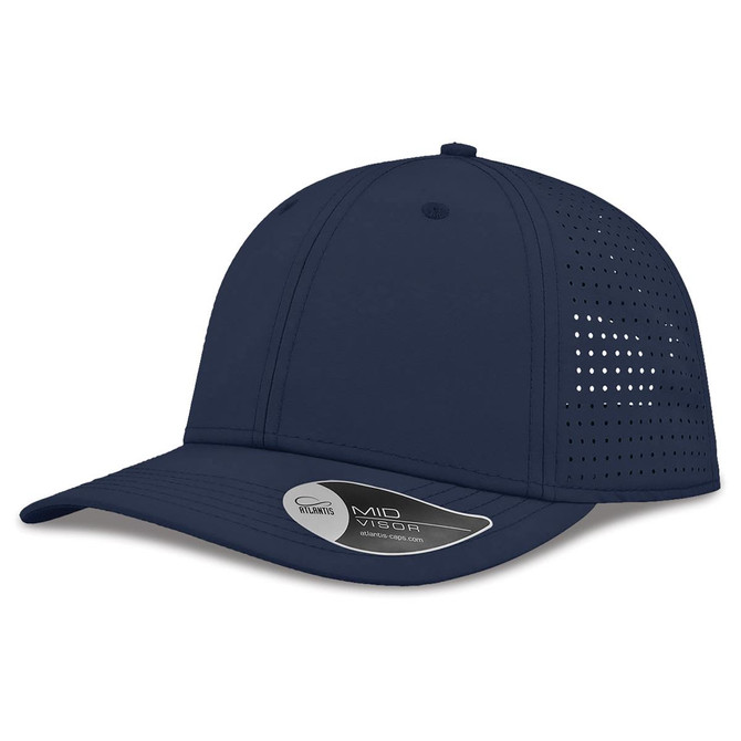 A navy cap with a perforated design and a curved brim, featuring a branding logo on the side.