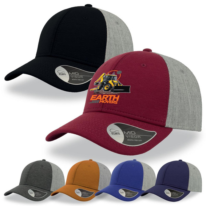 A collection of caps in black, maroon, grey, blue, and orange featuring a logo on the front.