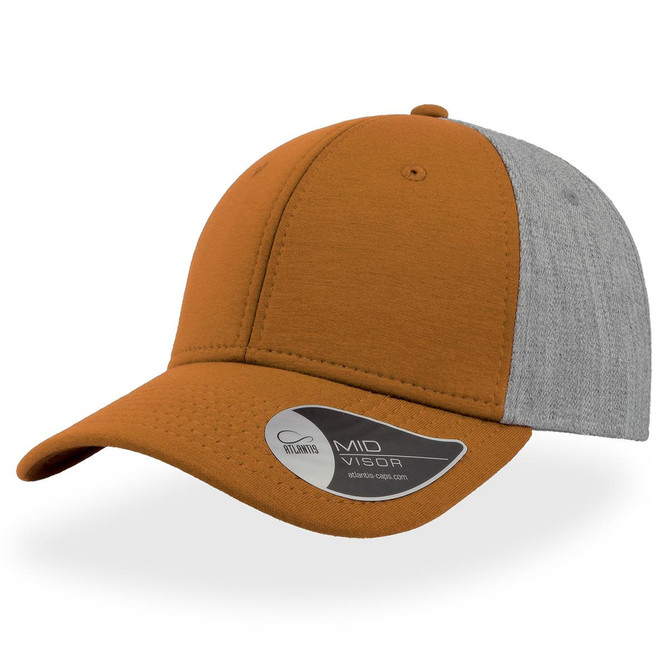 A cap featuring a brown crown and grey back, with a mid visor and a logo on the side.