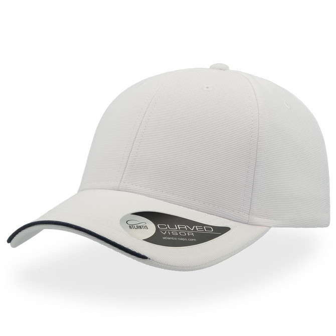 A white cap with a curved visor and a branding label on the side.