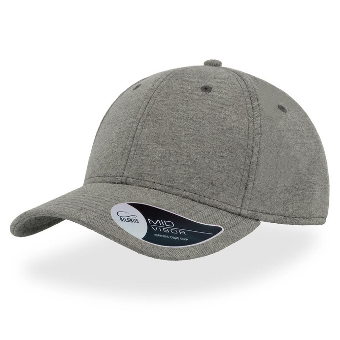 A grey cap with a mid visor and a logo on the side, featuring a structured design.