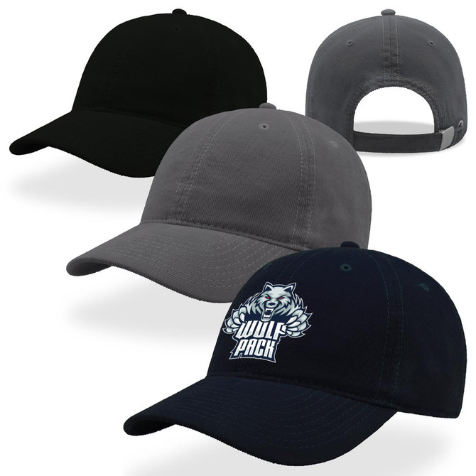 A collection of corduroy caps in black, grey, and navy, featuring a logo on one cap.