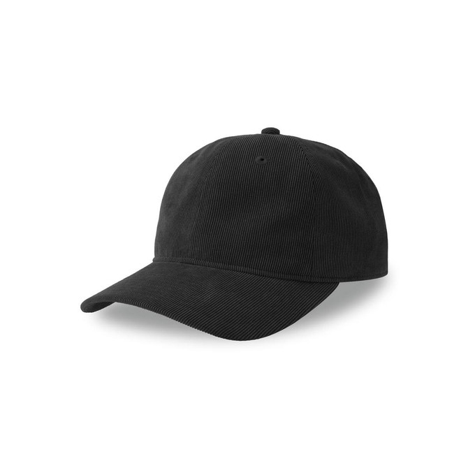 A black corduroy cap featuring a curved brim and a logo, suitable for casual wear.