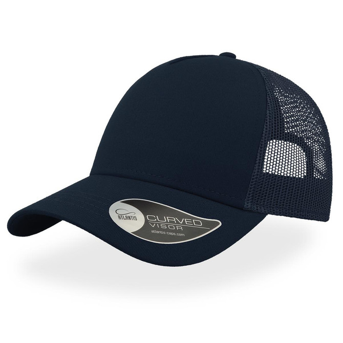 A navy trucker cap with a curved visor and mesh panel on the back, featuring a logo.