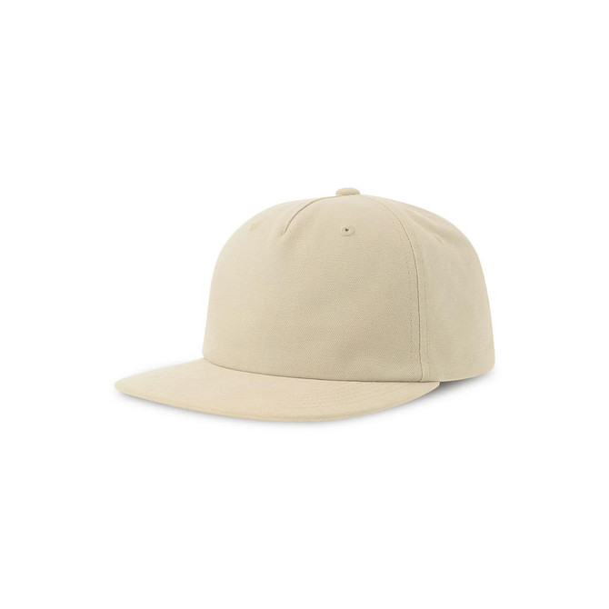 A flat peak cap in a light beige colour with a plain design and a logo on the side.