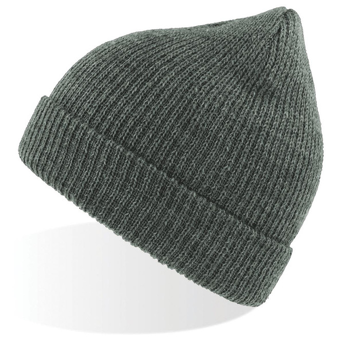A dark green Woolly Beanie with a ribbed texture and a pointed top, featuring a logo.