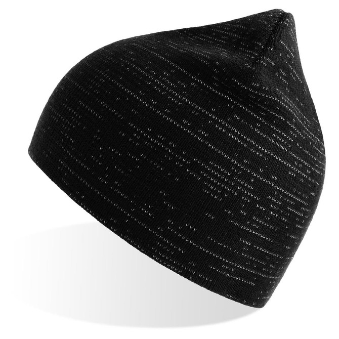 A black beanie with a textured pattern and a pointed top, featuring a logo.