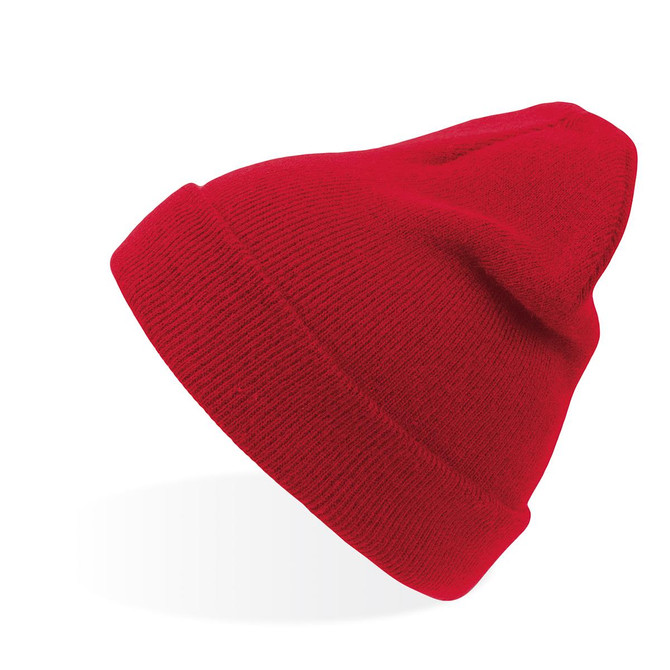 A red beanie with a folded cuff, featuring a simple design and a branding logo.