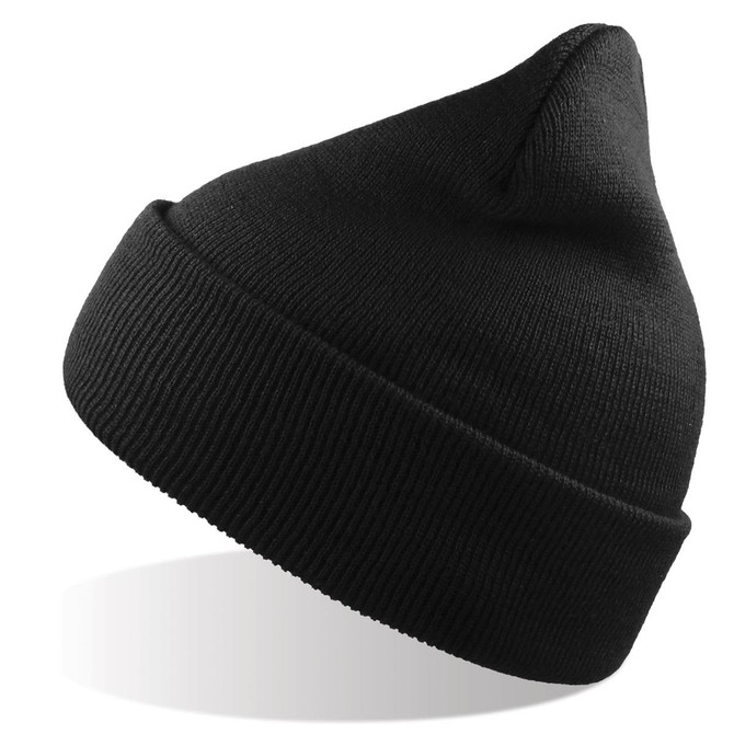 A black beanie with a pointed top made from recycled polyester, featuring a logo.