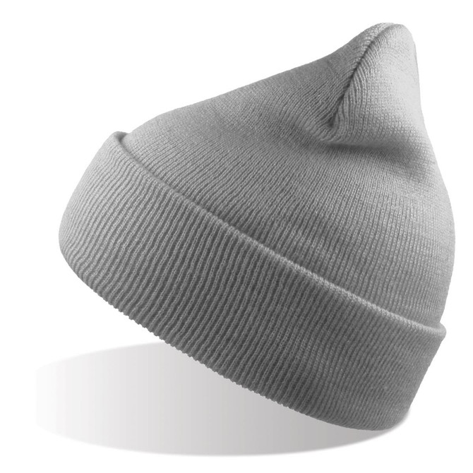A grey beanie made from recycled polyester, featuring a ribbed design and a pointed top. It has a logo on the side.