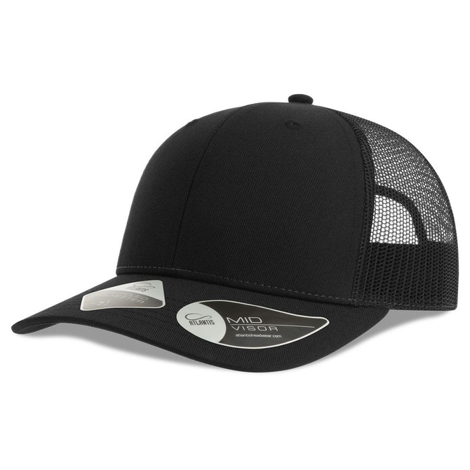A black trucker cap featuring a solid front and mesh back, with a logo on the side.