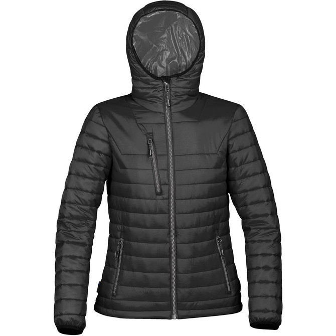 A women's black thermal puffer jacket with a hood and zippered pockets, featuring a brand logo.