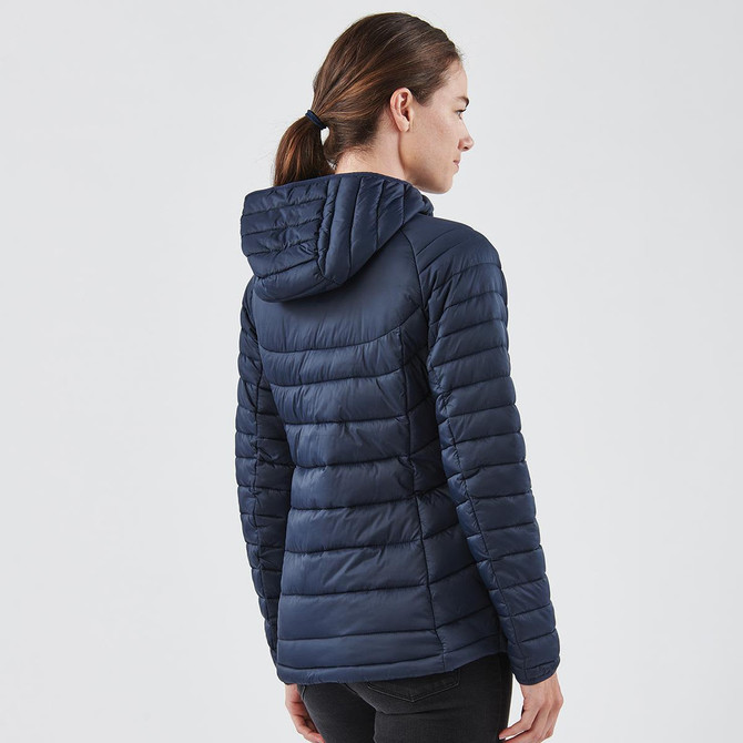 A women's thermal jacket in navy, featuring a hood and a quilted design, viewed from the back.
