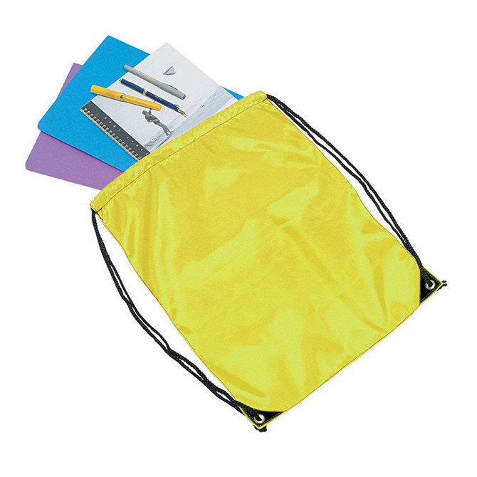 A yellow drawstring bag containing notebooks and pens, with black drawstrings for closure. It has a logo.