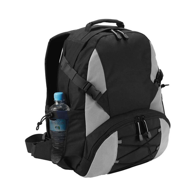 A black and grey outdoor backpack with multiple compartments and a drink bottle in a mesh side pocket.