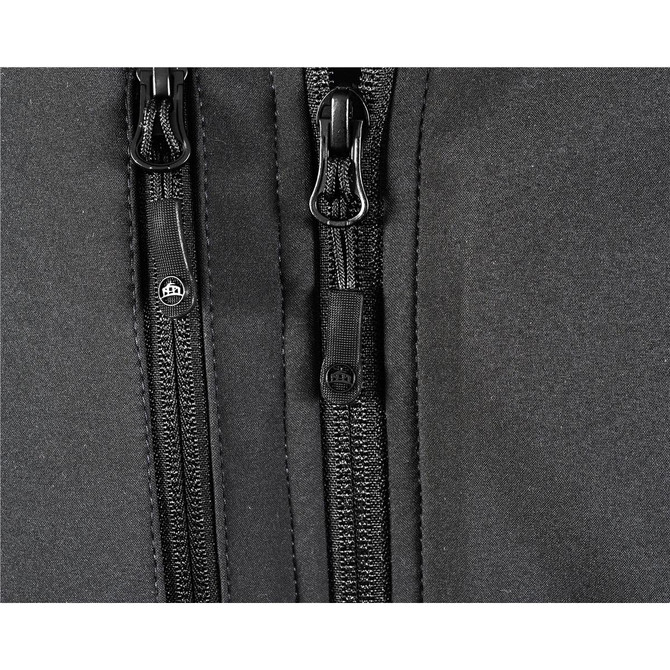 A close-up of black zippers on a black ultra-light shell jacket, featuring a logo on one pull tab.
