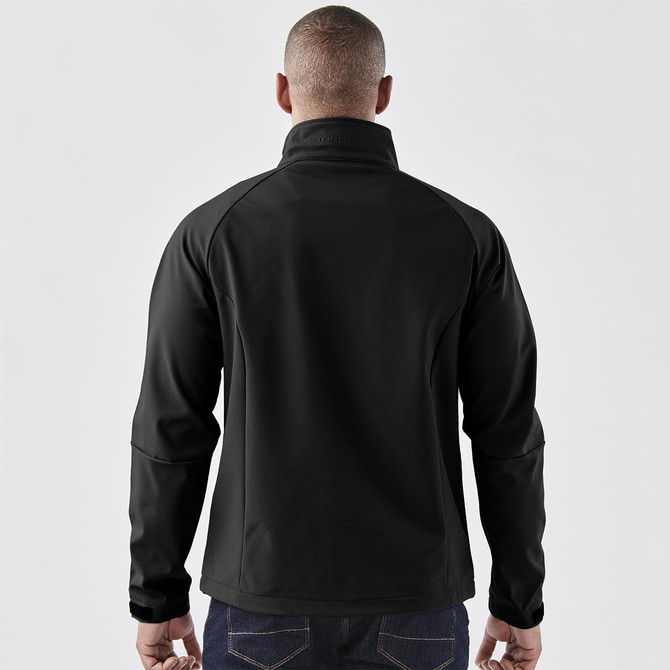 A black men's ultra-light shell jacket featuring a high collar and raglan sleeves, accompanied by a logo on the back.