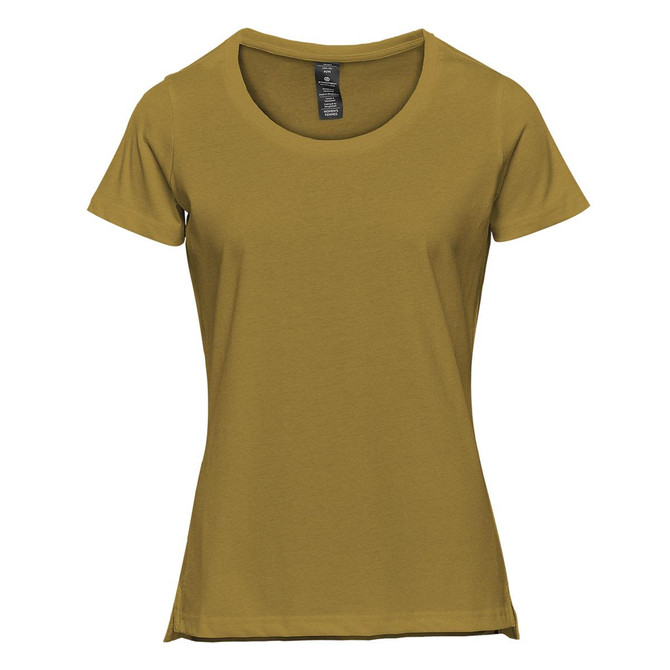 A women's short sleeve tee in a mustard yellow colour, featuring a round neckline and a logo.
