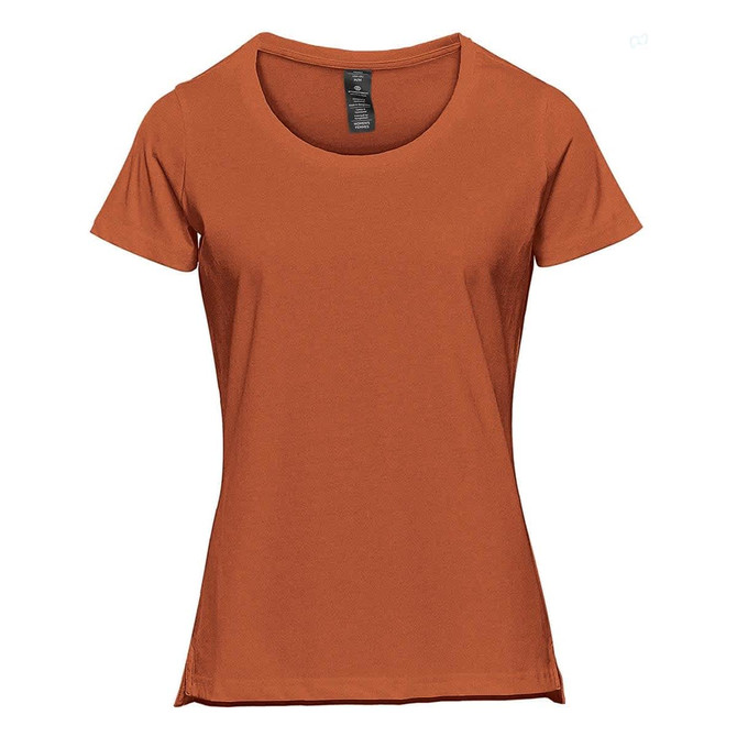 An orange Women's Equinox short sleeve tee with a rounded neckline and a fitted style. Features a branding logo.