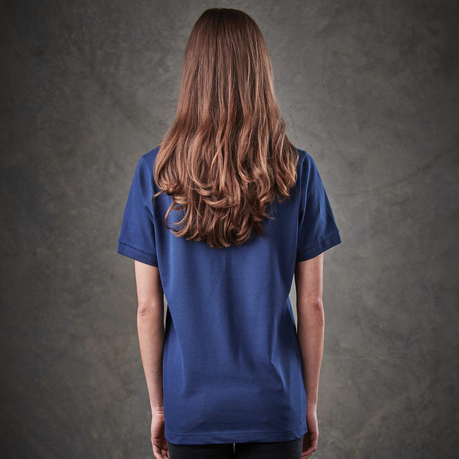A navy blue women's polo shirt featuring a logo on the back.