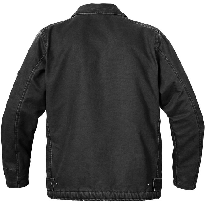 A black men's work jacket with a sturdy design, featuring a simple style and a logo on one sleeve.